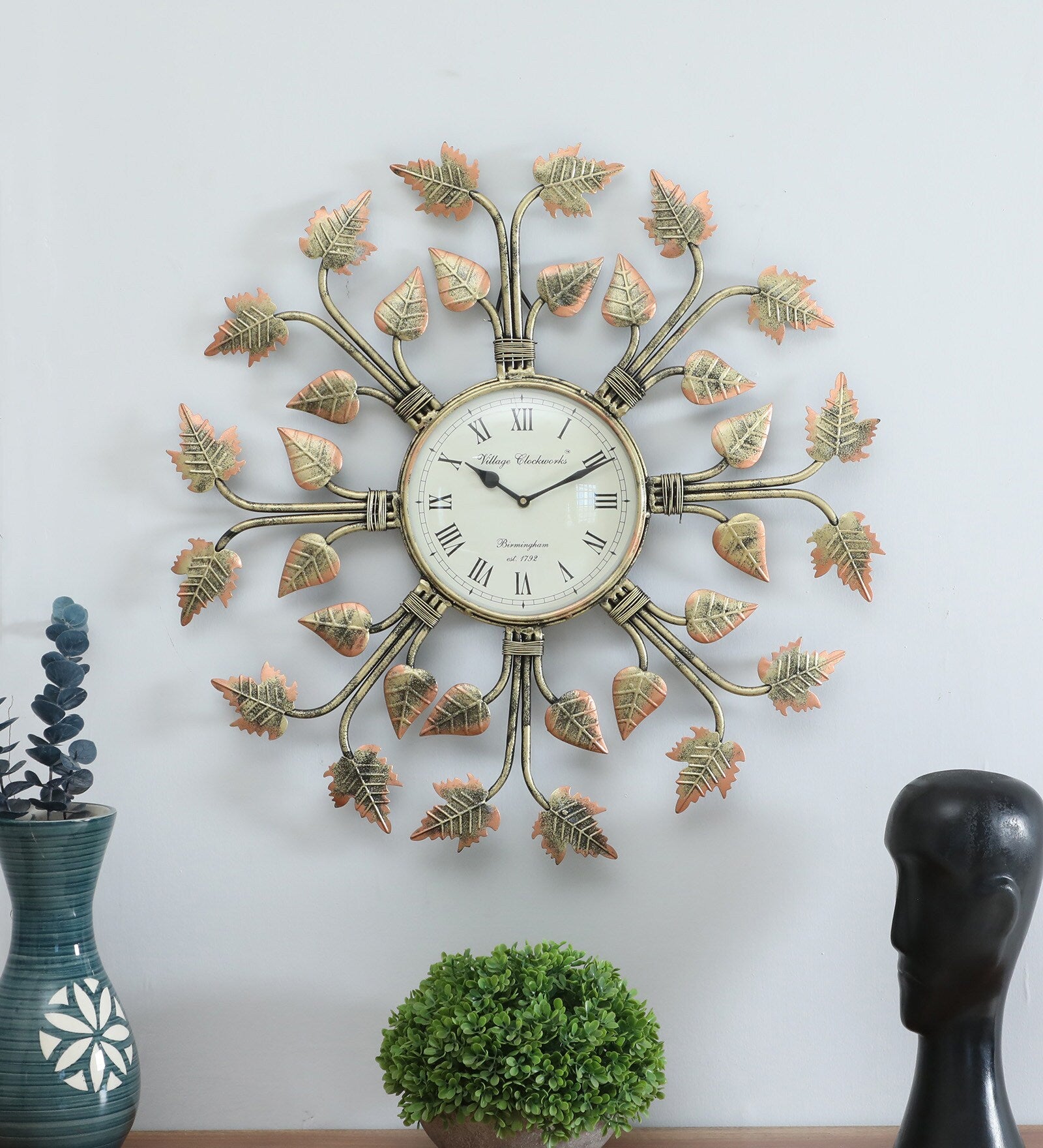 Elegant Leaf-Themed Metal Wall Clock