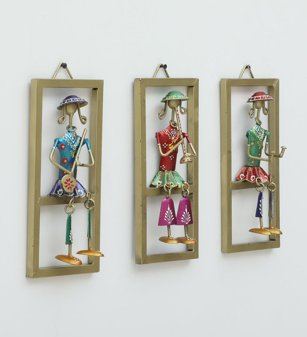 Handcrafted Rajasthani Musician Wall Hanging Set – 3 Frame Decor Art (Iron Craft, 11x5 Inch Each)