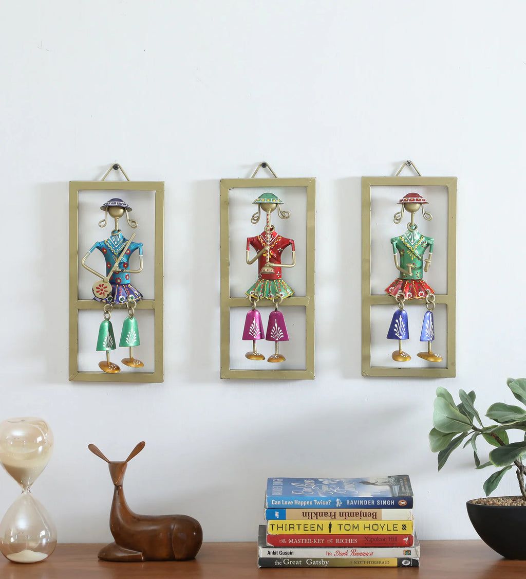 Handcrafted Rajasthani Musician Wall Hanging Set – 3 Frame Decor Art (Iron Craft, 11x5 Inch Each)