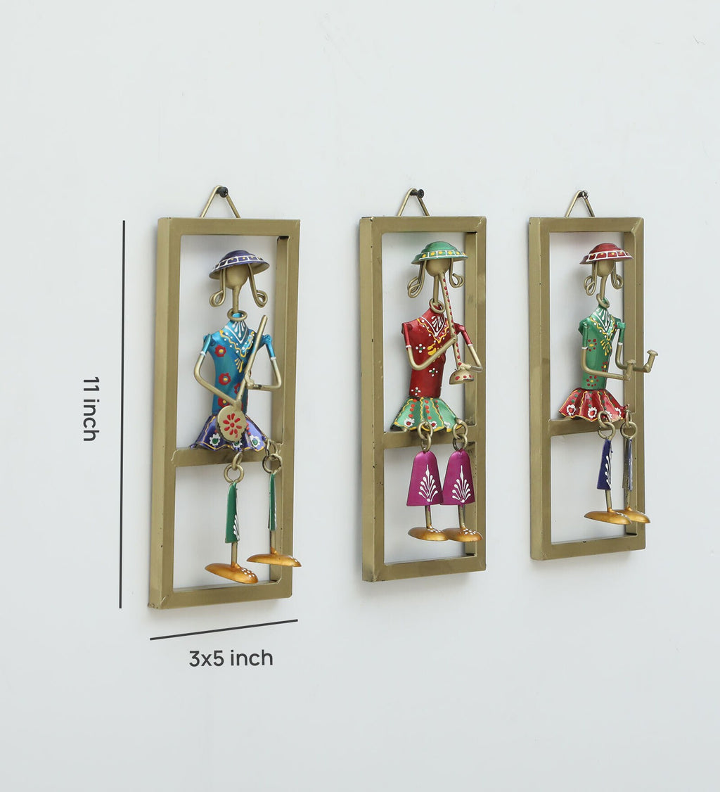 Handcrafted Rajasthani Musician Wall Hanging Set – 3 Frame Decor Art (Iron Craft, 11x5 Inch Each)
