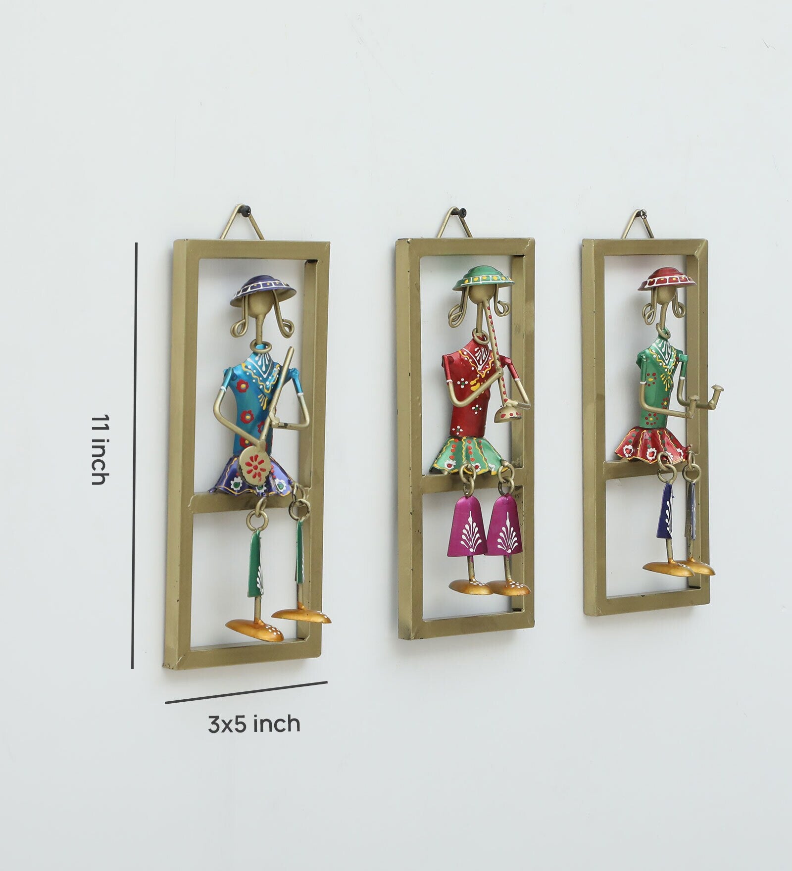 Handcrafted Rajasthani Musician Wall Hanging Set – 3 Frame Decor Art (Iron Craft, 11x5 Inch Each)