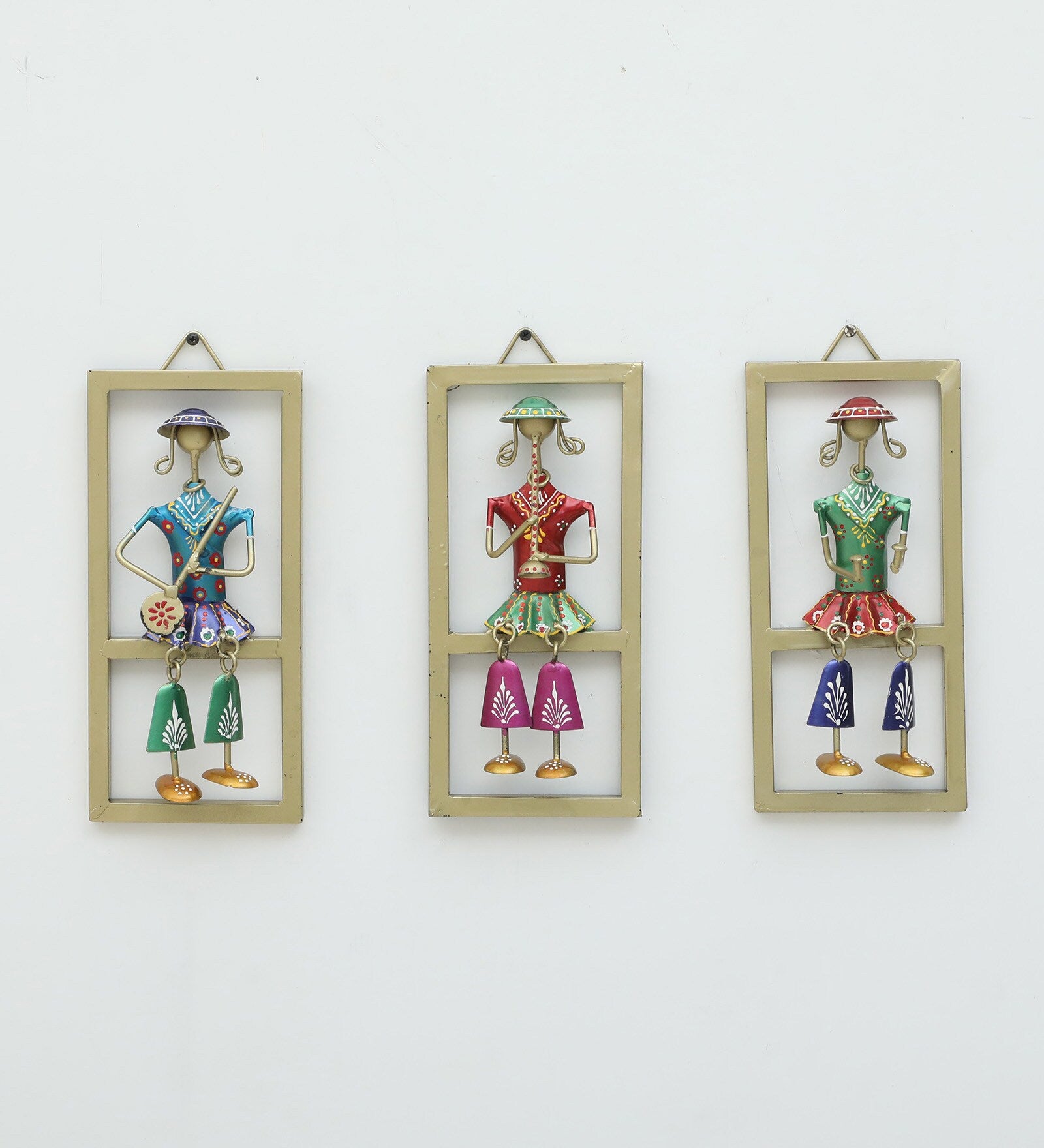 Handcrafted Rajasthani Musician Wall Hanging Set – 3 Frame Decor Art (Iron Craft, 11x5 Inch Each)