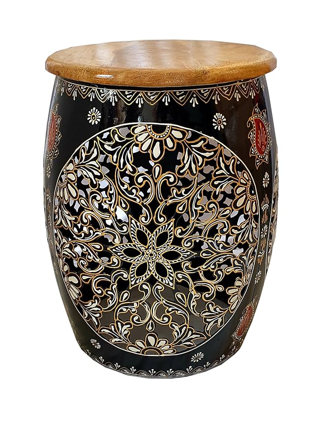 Handcrafted Black Metal Drum with Wooden Top & Floral Design