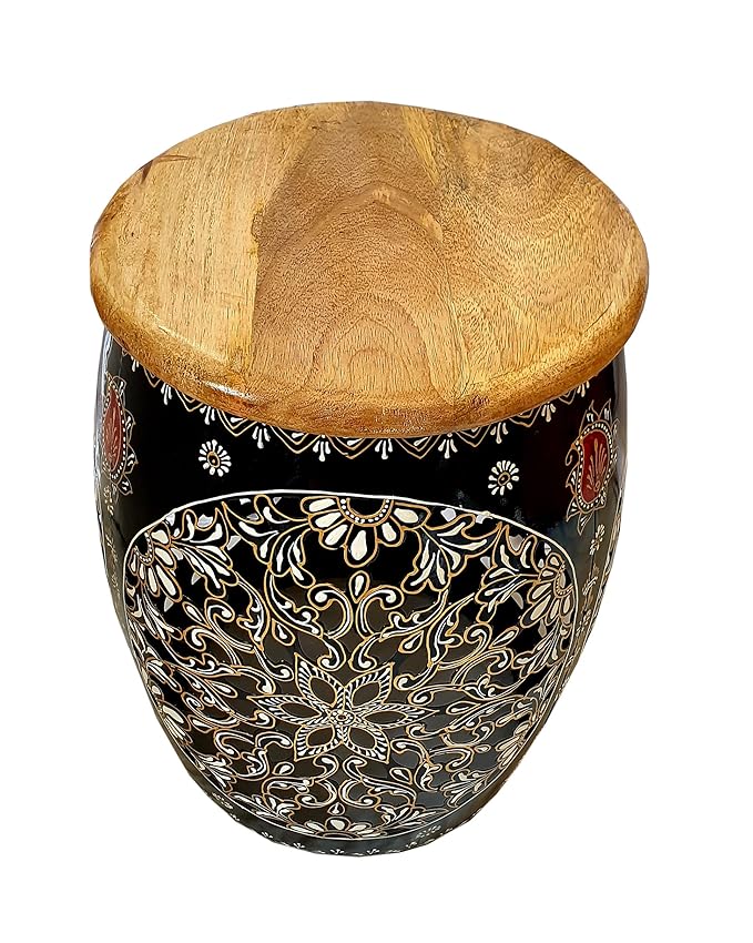 Handcrafted Black Metal Drum with Wooden Top & Floral Design