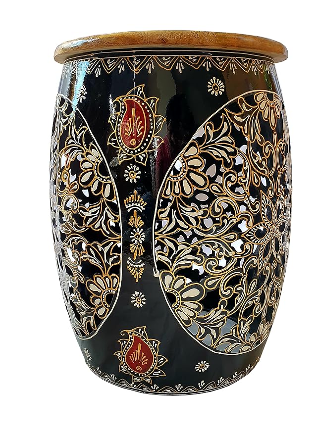 Handcrafted Black Metal Drum with Wooden Top & Floral Design