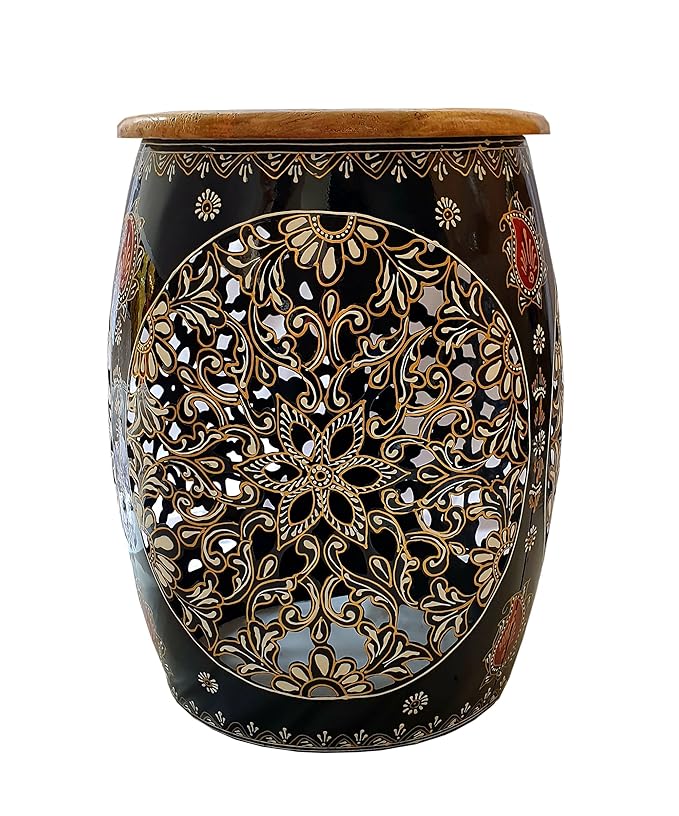 Handcrafted Black Metal Drum with Wooden Top & Floral Design