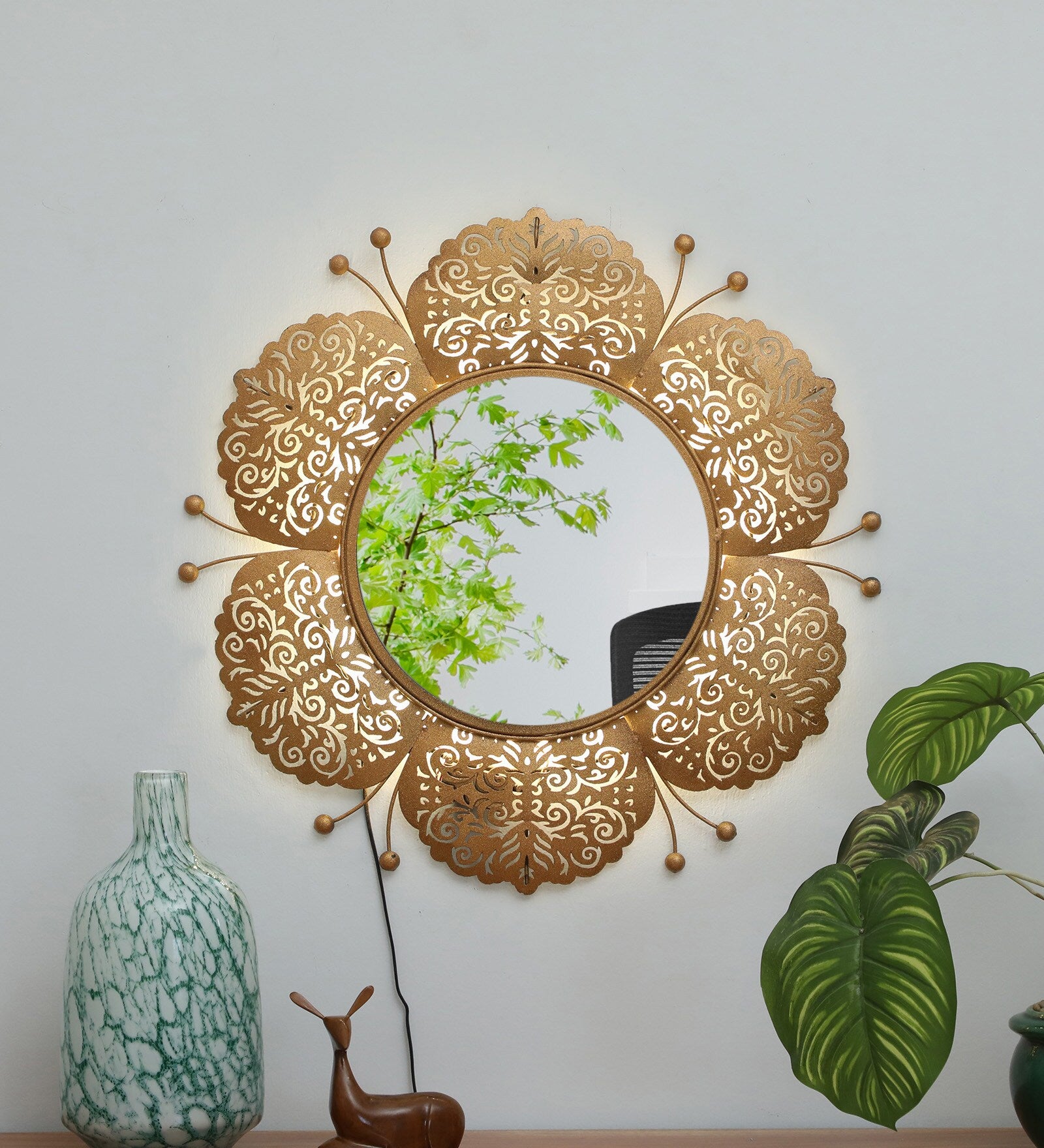 Golden Floral LED Wall Mirror