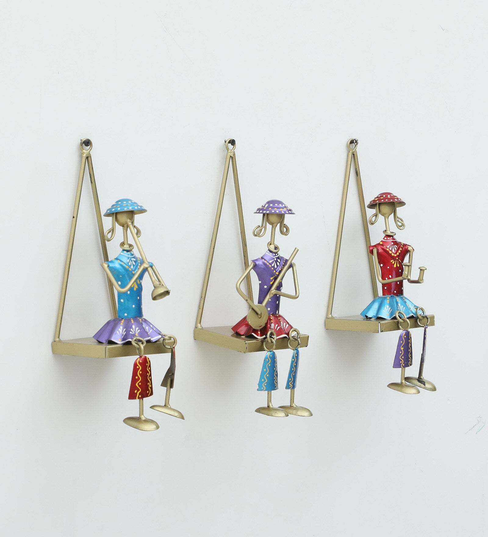 Handcrafted Rajasthani Musician Wall Hanging Set – Triangular Frame Iron Art (Set of 3)