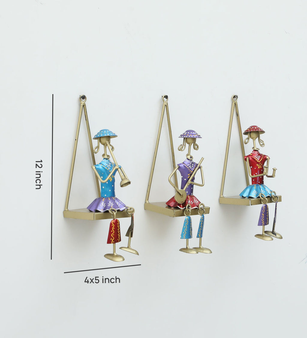 Handcrafted Rajasthani Musician Wall Hanging Set – Triangular Frame Iron Art (Set of 3)