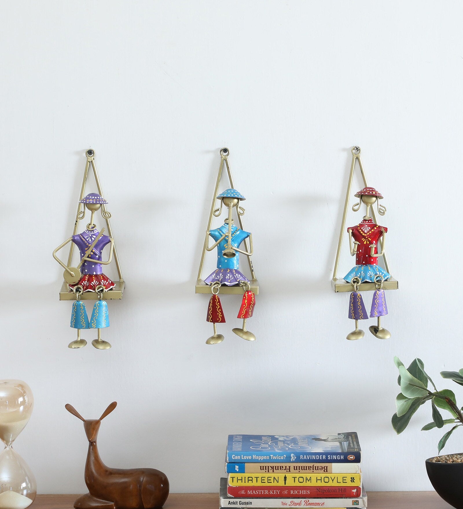 Handcrafted Rajasthani Musician Wall Hanging Set – Triangular Frame Iron Art (Set of 3)