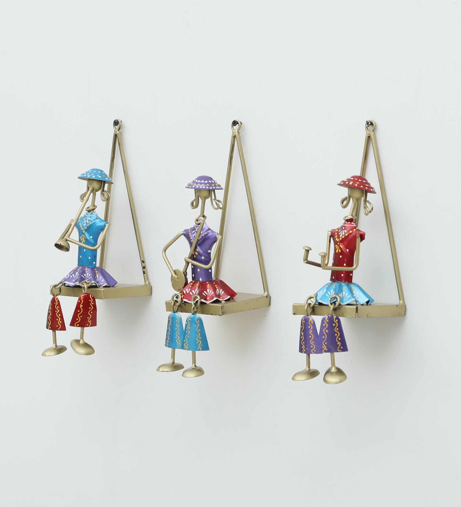 Handcrafted Rajasthani Musician Wall Hanging Set – Triangular Frame Iron Art (Set of 3)