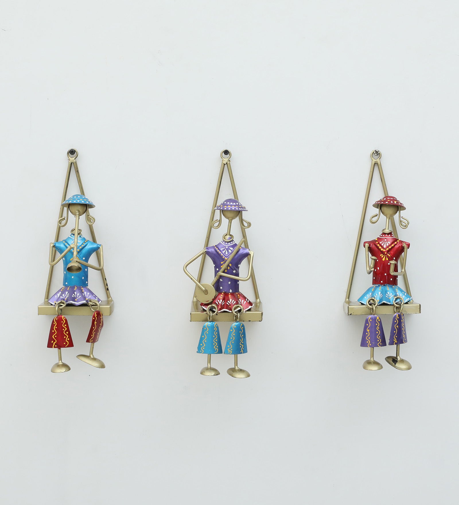 Handcrafted Rajasthani Musician Wall Hanging Set – Triangular Frame Iron Art (Set of 3)