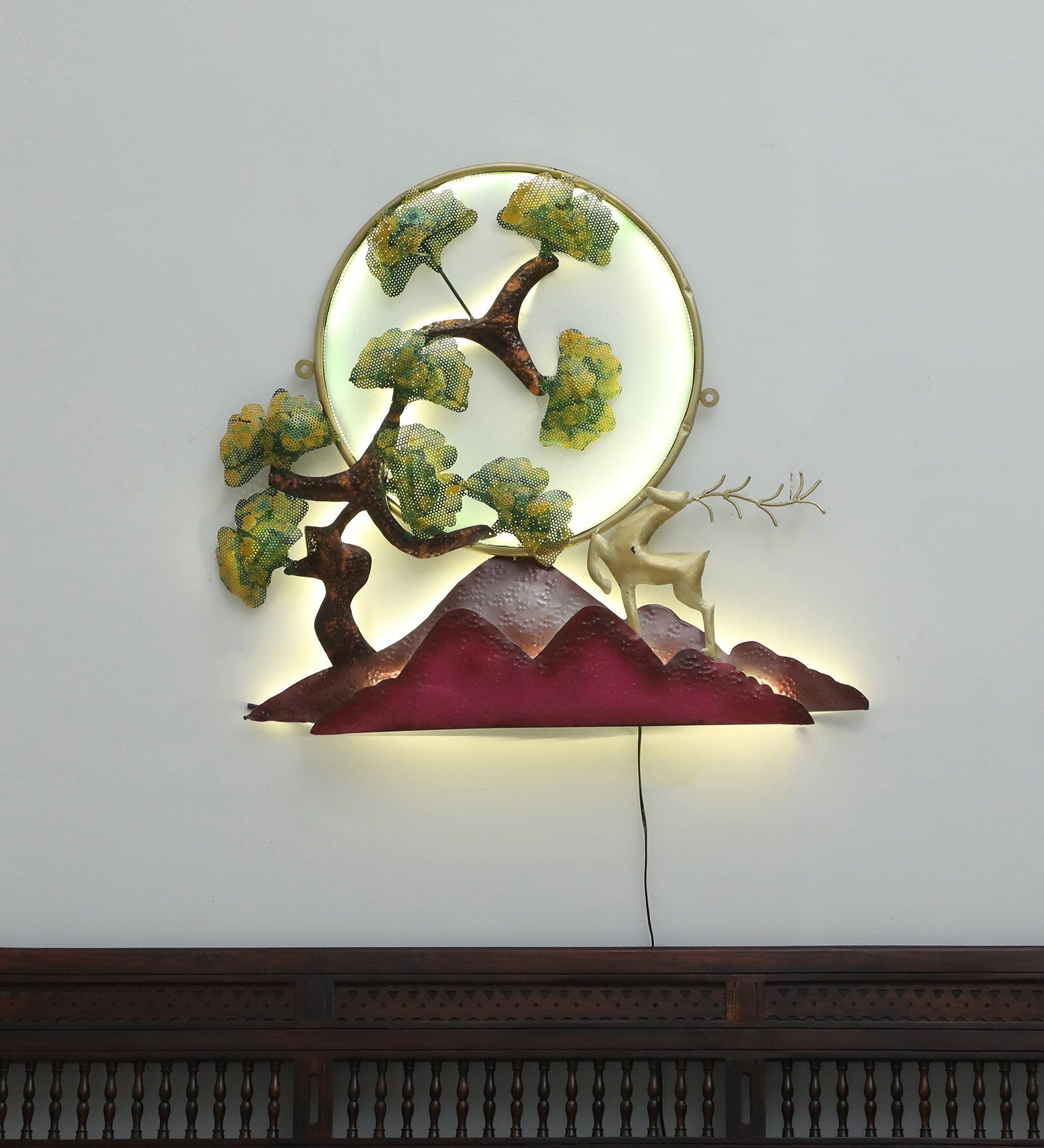 Golden Deer with Tree and Mountain LED Wall Art