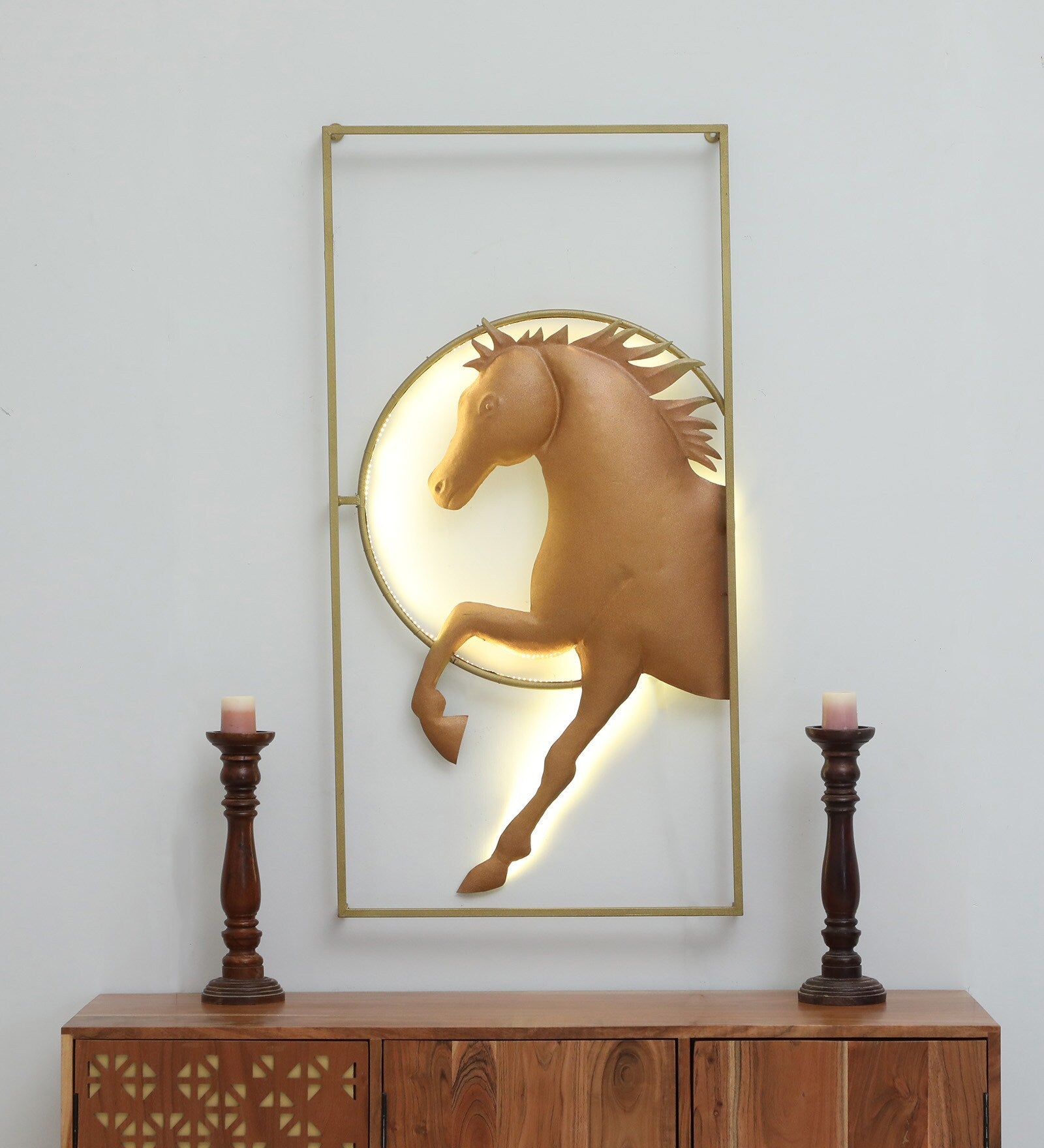 Golden Gallop Metal Horse Wall Art with LED Light