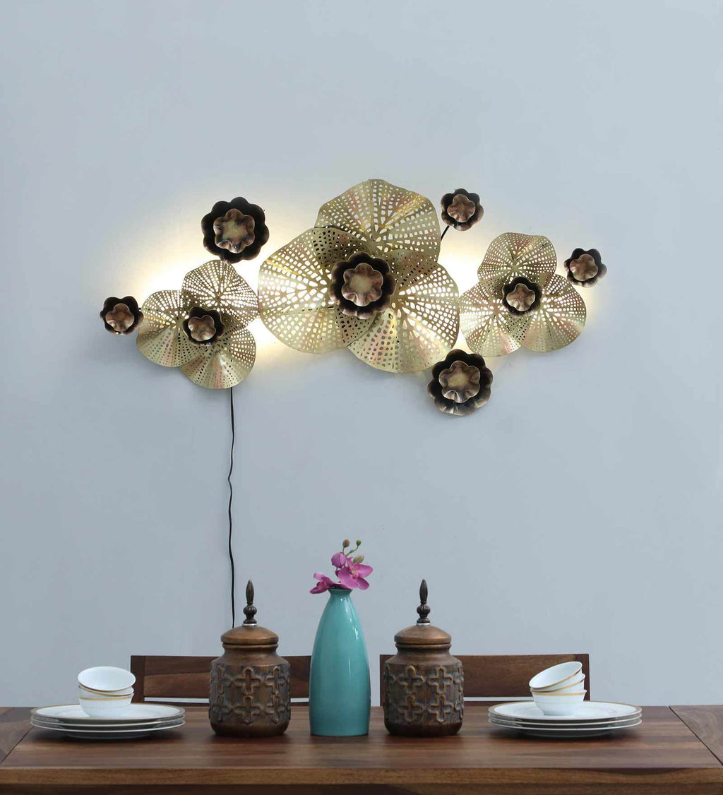 Golden Rose Blossom Metal Wall Art with LED Light