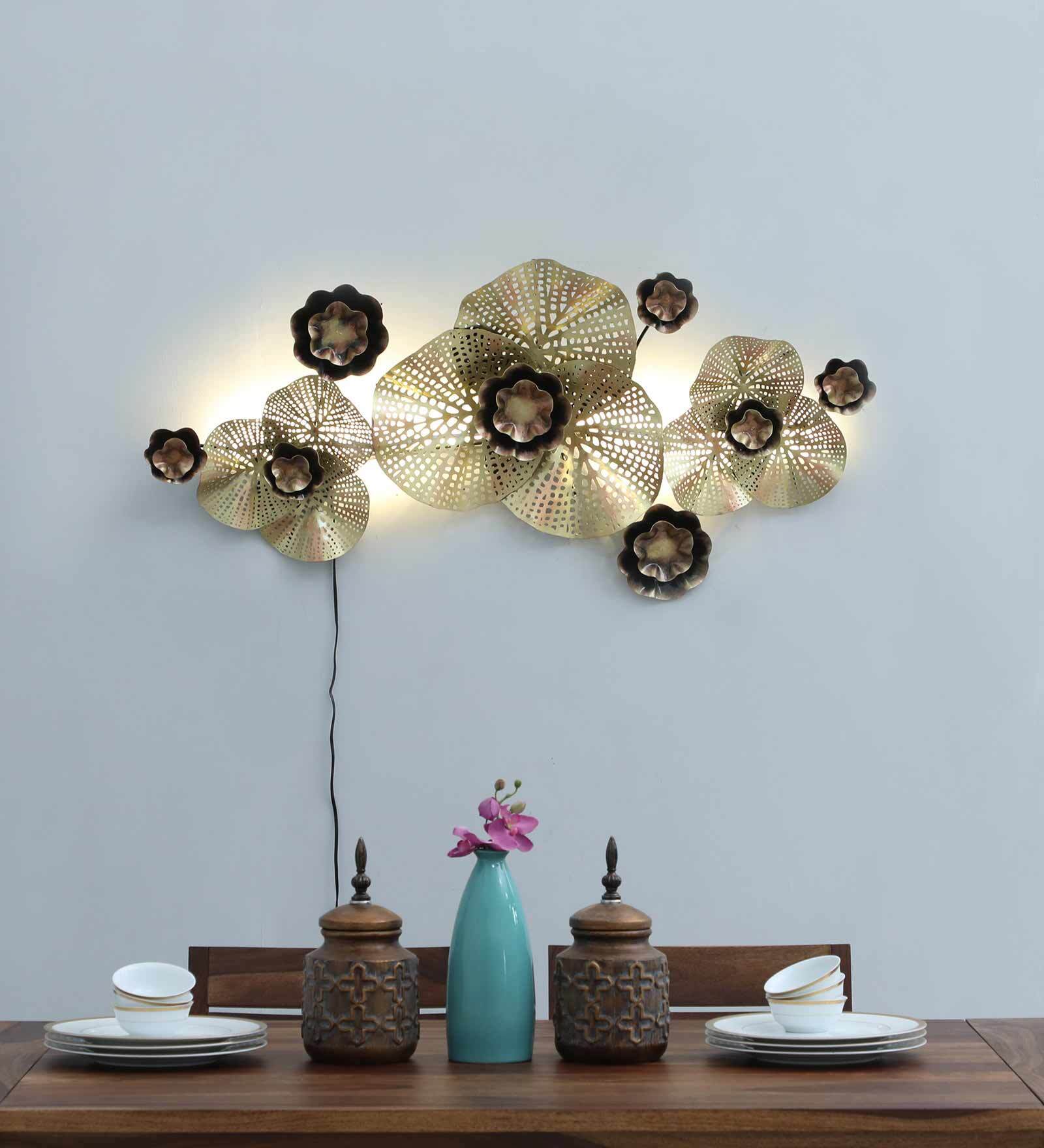 Golden Rose Blossom Metal Wall Art with LED Light