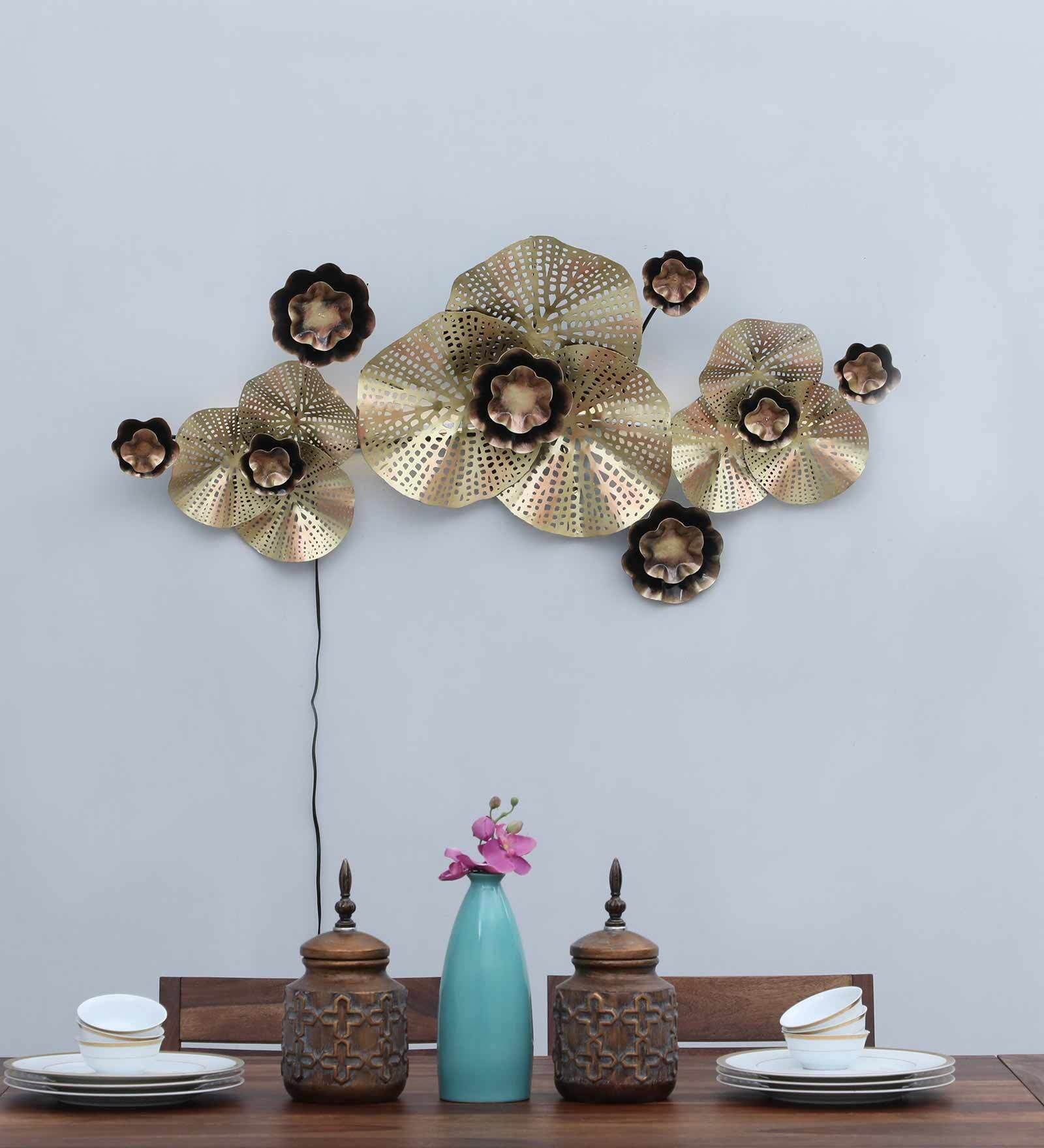 Golden Rose Blossom Metal Wall Art with LED Light