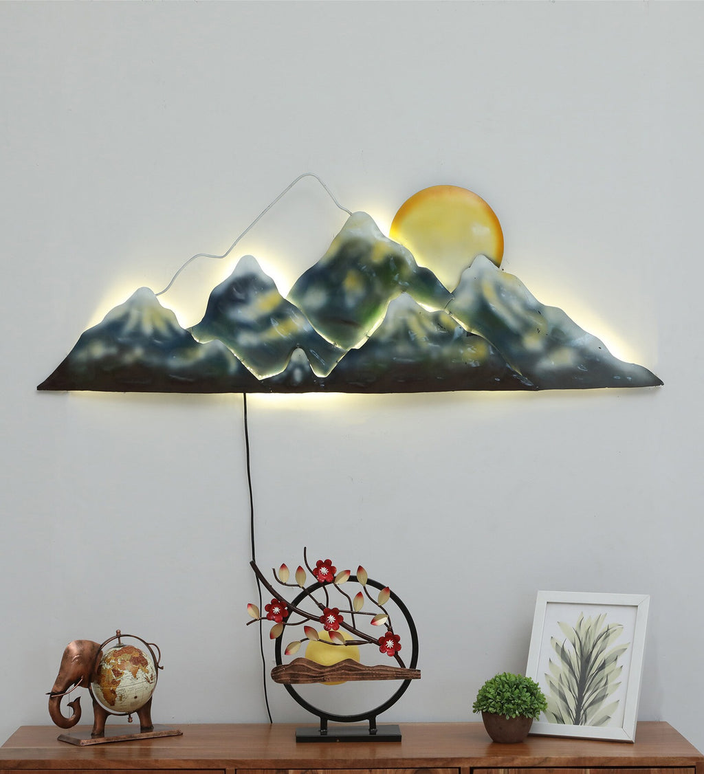 Illuminated Metal Wall Art – Mountain Sunrise Design (51x17 inch)