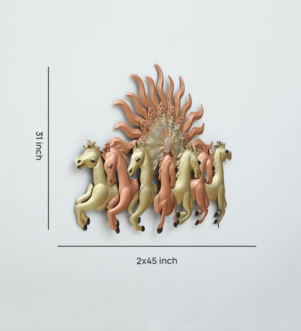 Elegant Seven Horses Metal Wall Art with Radiant Sun Design (LED Backlight)
