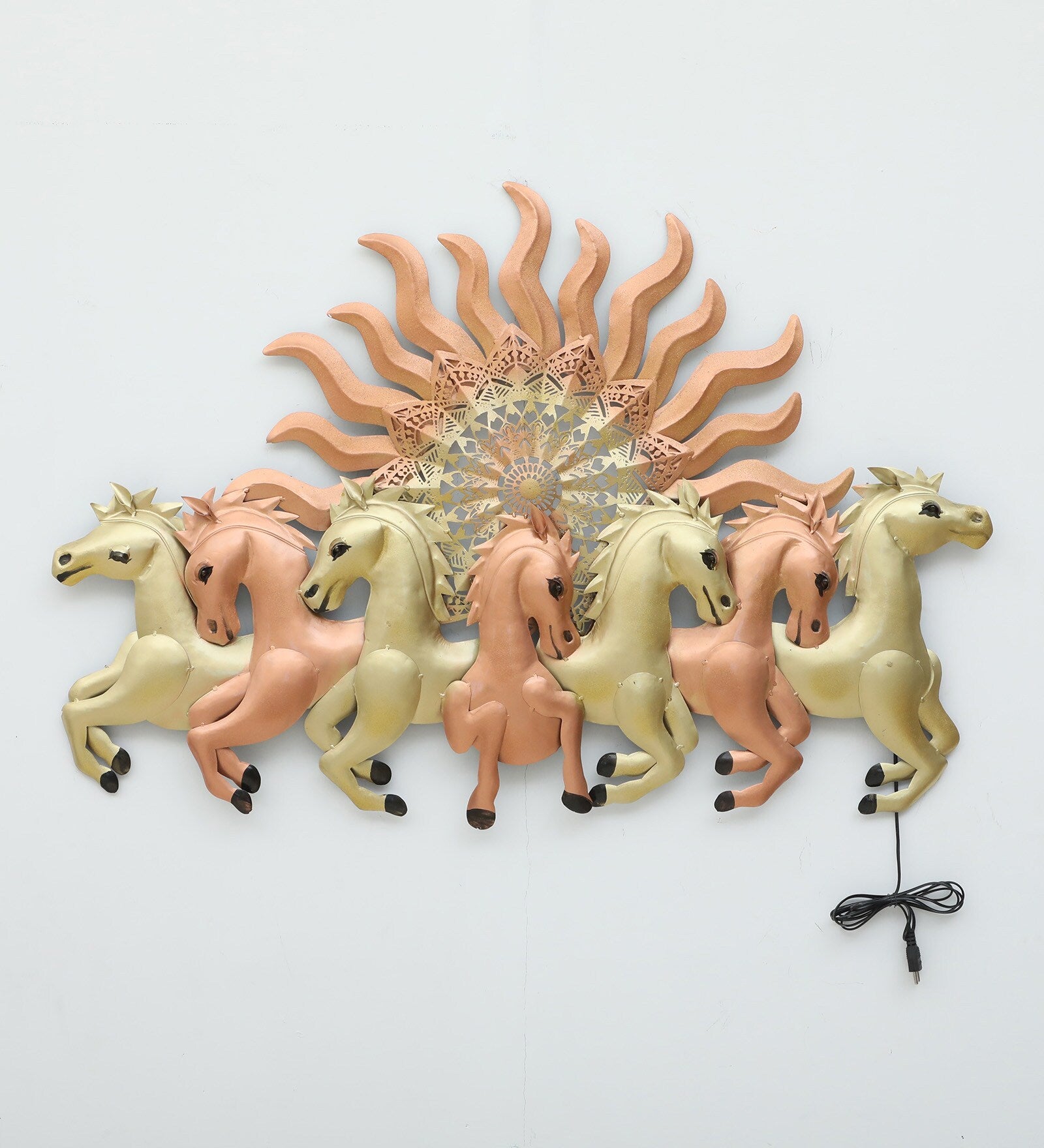 Elegant Seven Horses Metal Wall Art with Radiant Sun Design (LED Backlight)