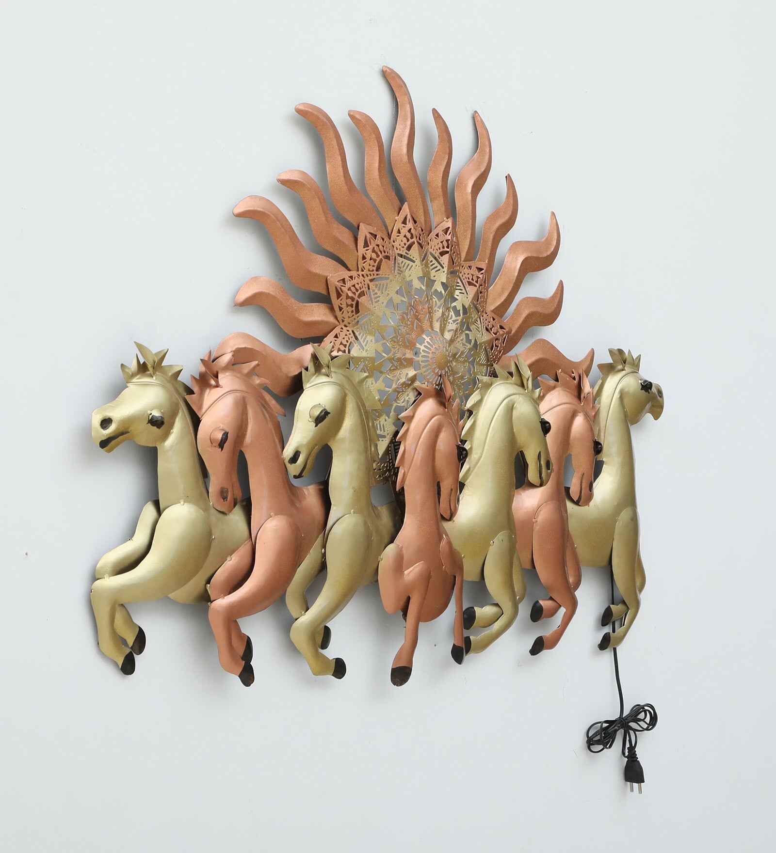 Elegant Seven Horses Metal Wall Art with Radiant Sun Design (LED Backlight)