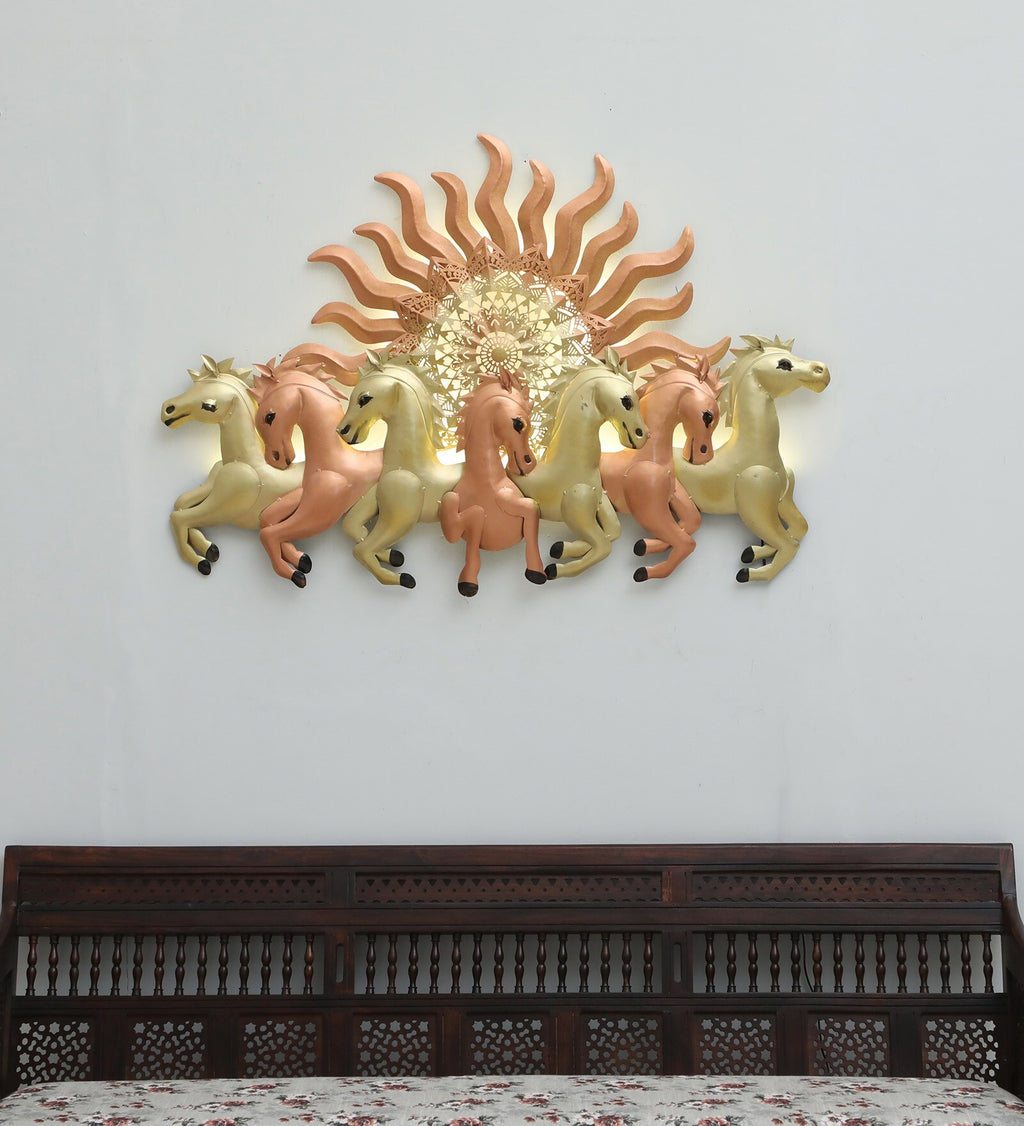 Elegant Seven Horses Metal Wall Art with Radiant Sun Design (LED Backlight)