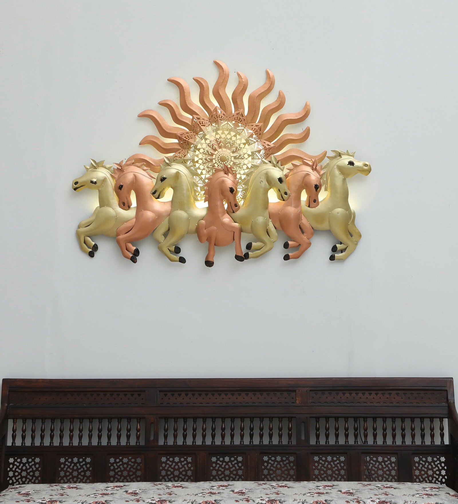 Elegant Seven Horses Metal Wall Art with Radiant Sun Design (LED Backlight)