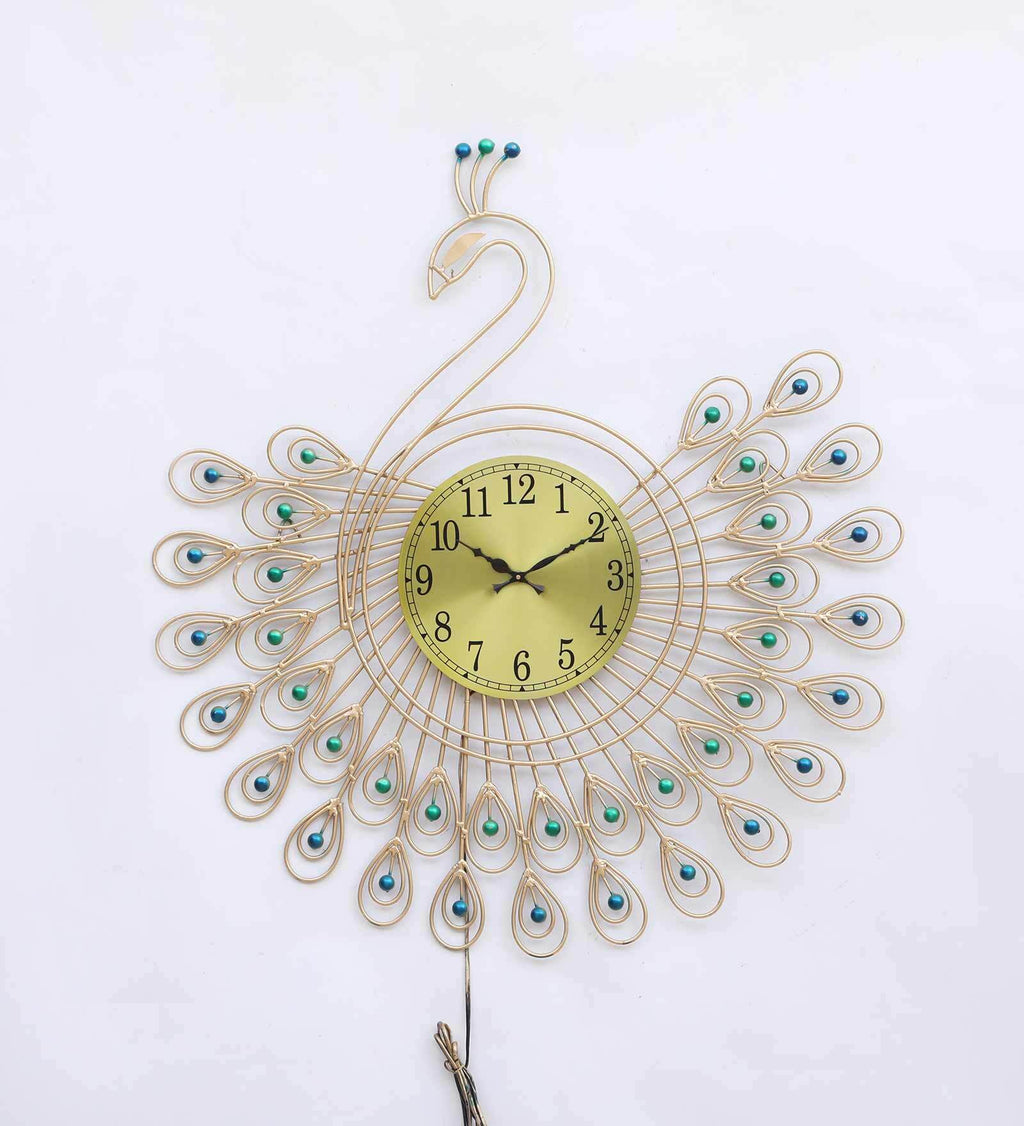 Elegant Peacock Metal Wall Clock with LED Light