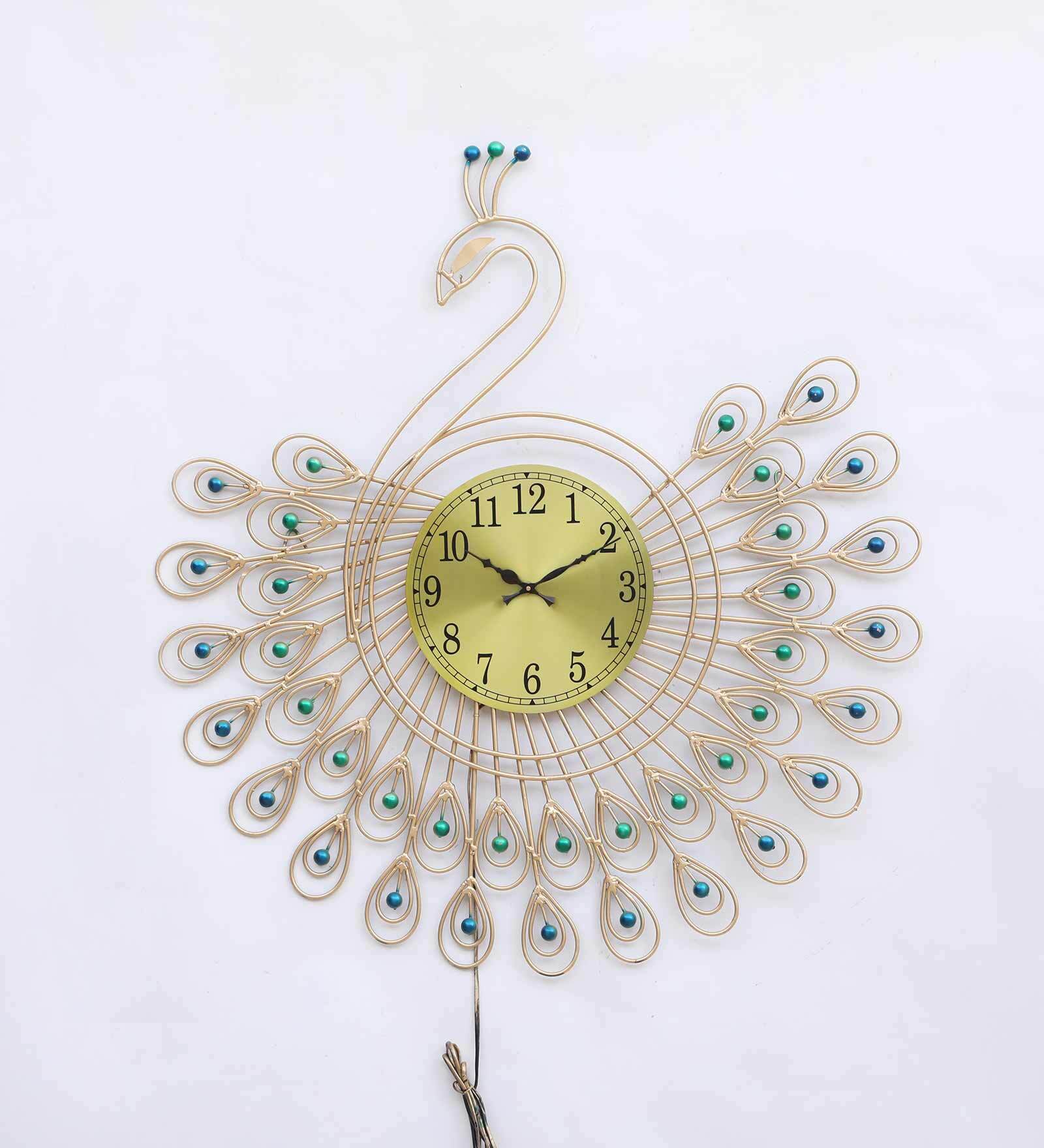 Elegant Peacock Metal Wall Clock with LED Light