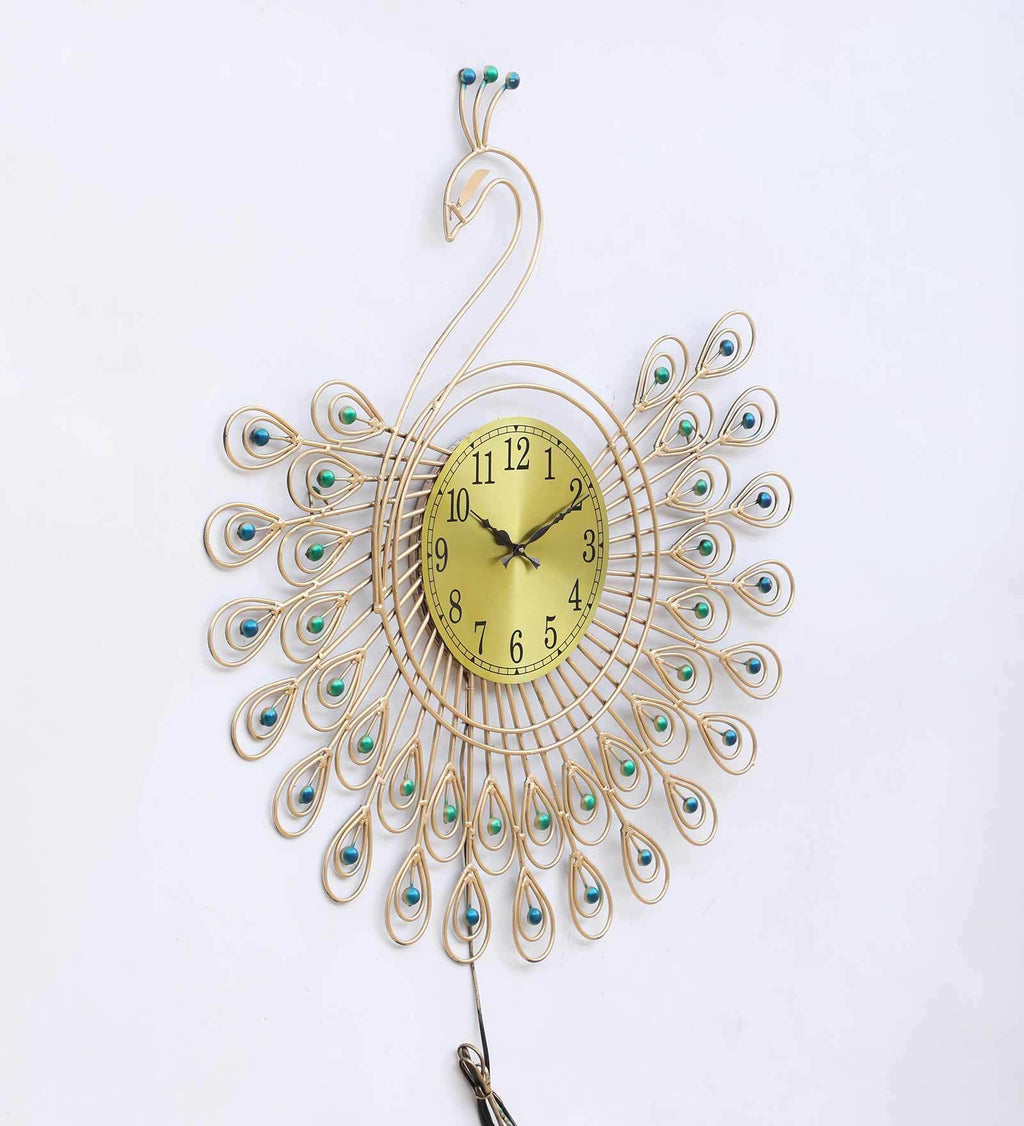 Elegant Peacock Metal Wall Clock with LED Light
