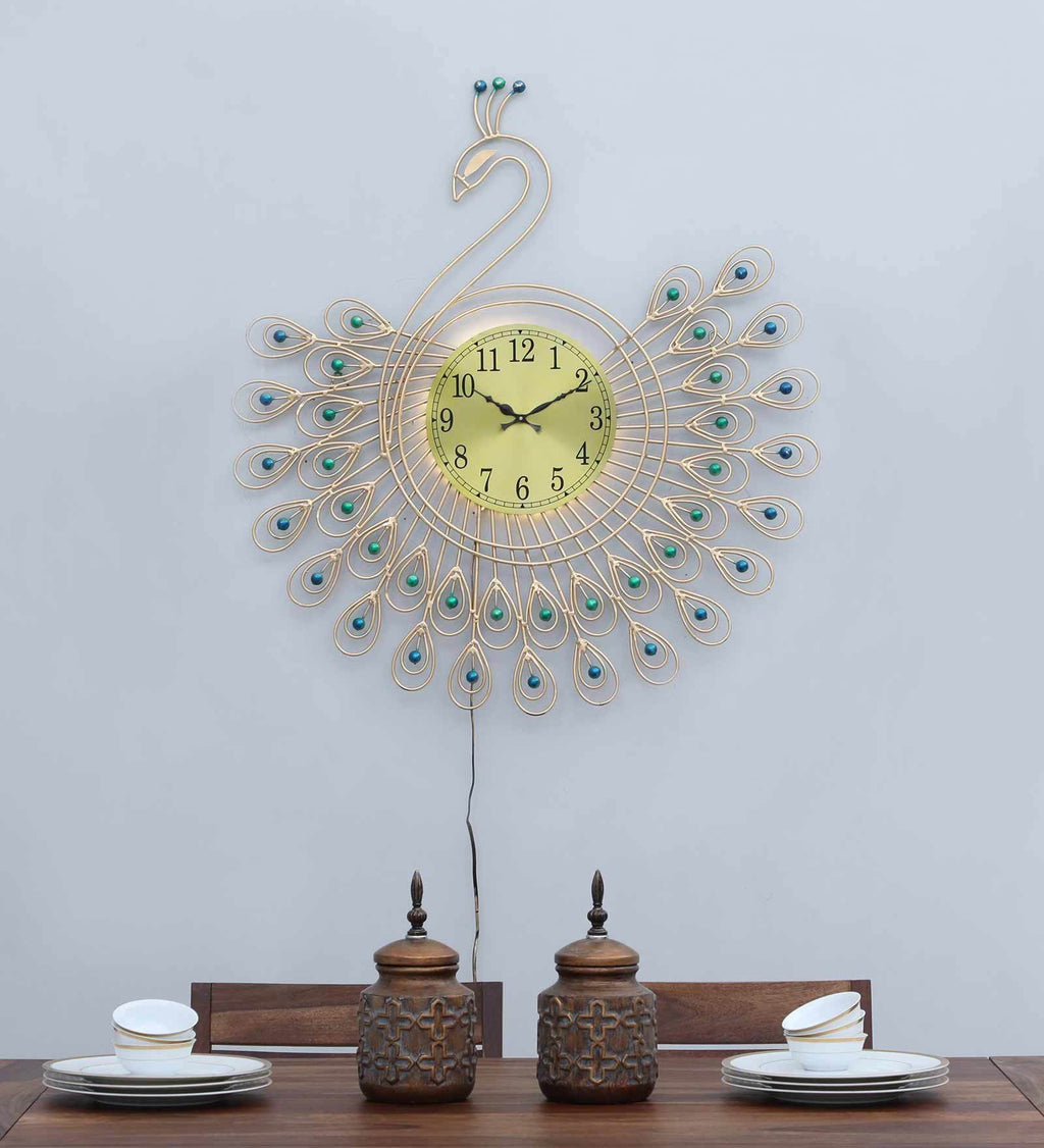 Elegant Peacock Metal Wall Clock with LED Light