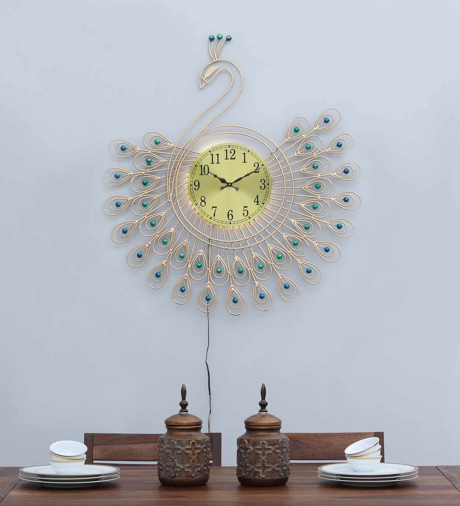 Elegant Peacock Metal Wall Clock with LED Light