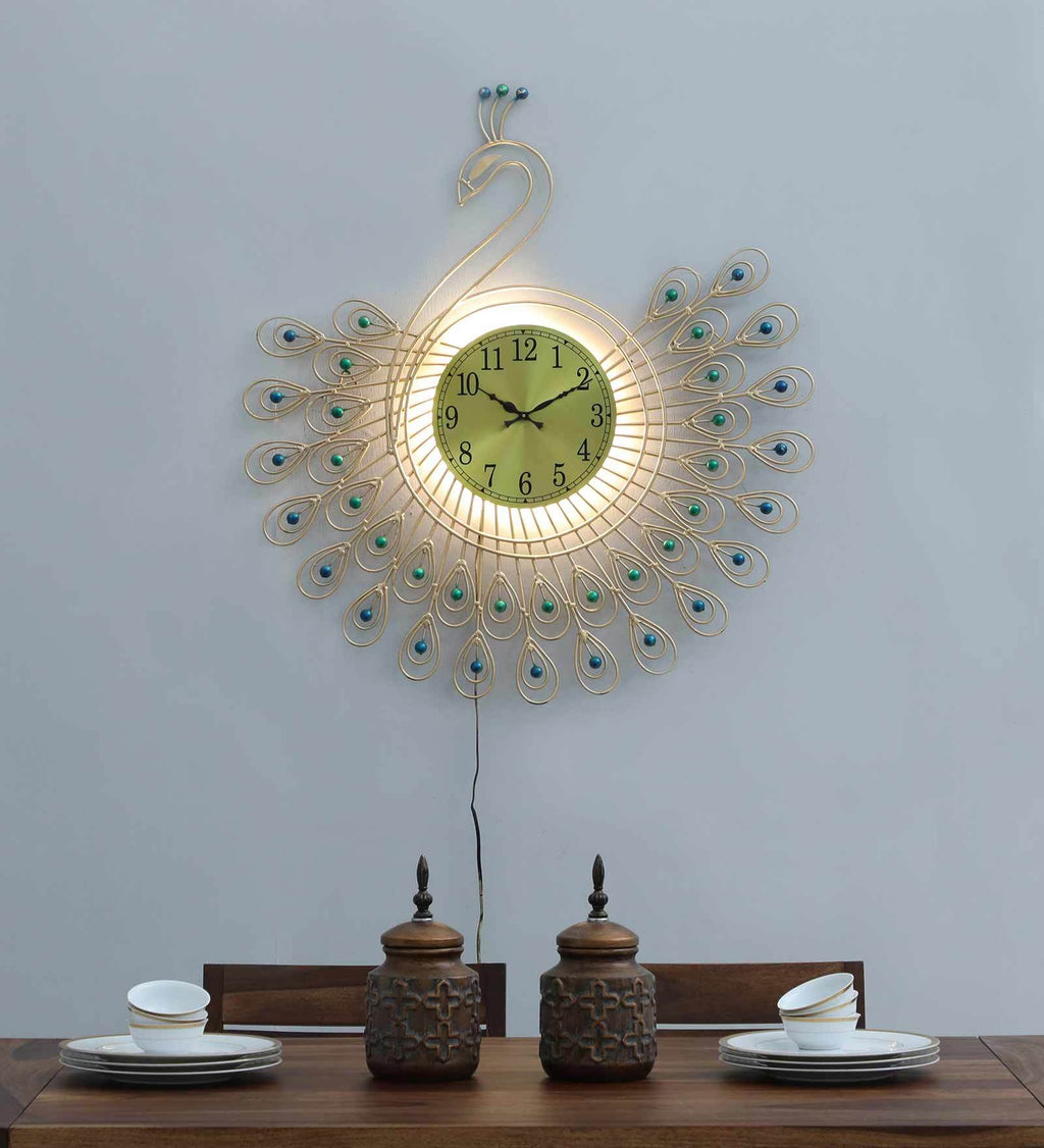 Elegant Peacock Metal Wall Clock with LED Light