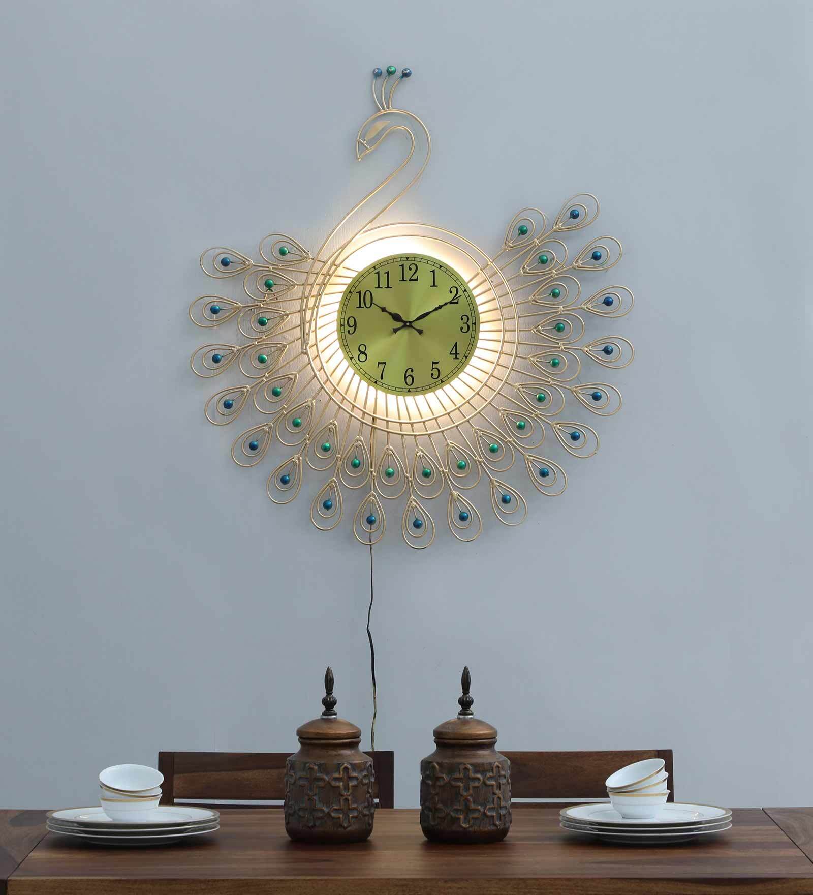 Elegant Peacock Metal Wall Clock with LED Light