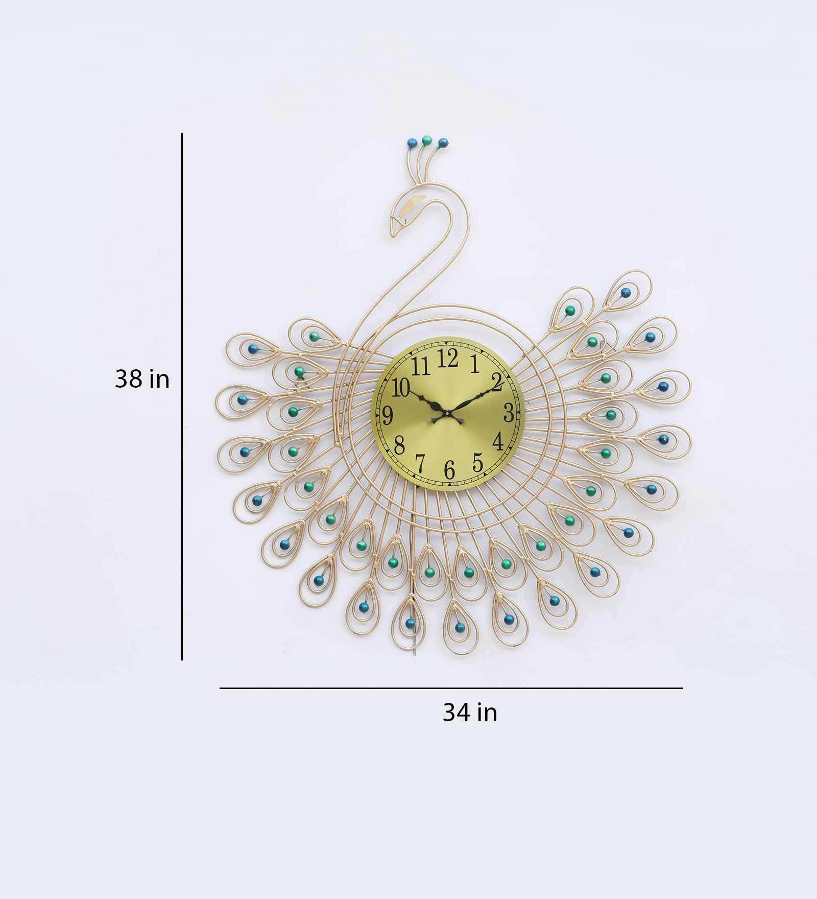 Elegant Peacock Metal Wall Clock with LED Light
