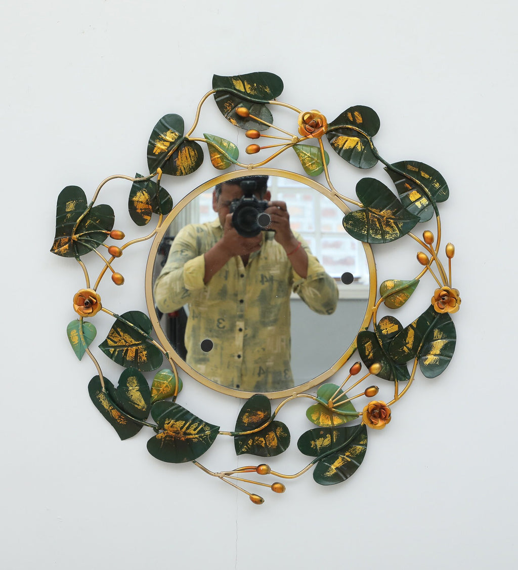 Elegant Leaf & Flower Metal Wall Mirror (26x26 inch)