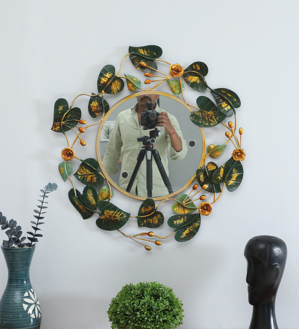 Elegant Leaf & Flower Metal Wall Mirror (26x26 inch)