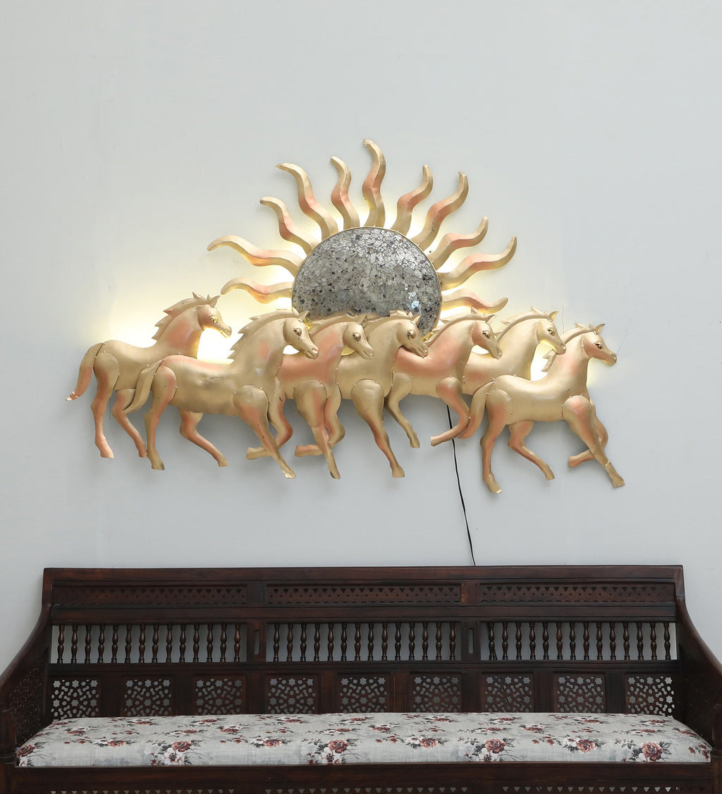 Golden Horses with Rising Sun Metal Wall Art (LED Backlit)