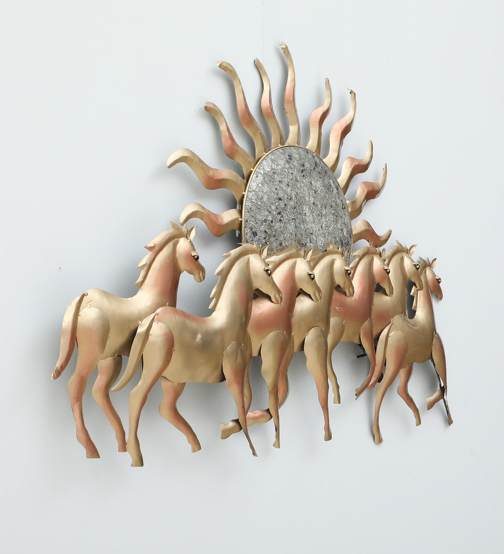 Golden Horses with Rising Sun Metal Wall Art (LED Backlit)