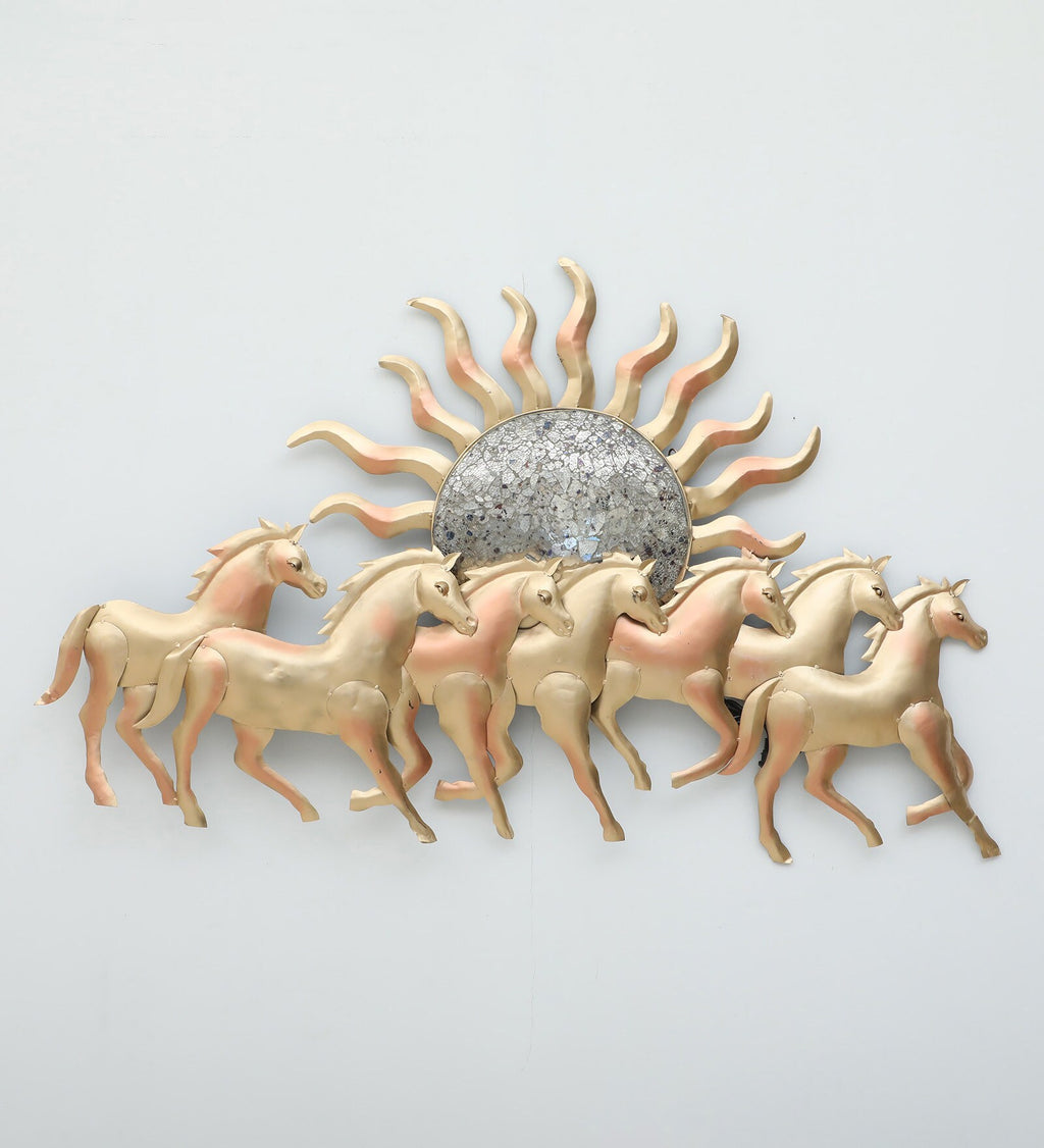 Golden Horses with Rising Sun Metal Wall Art (LED Backlit)
