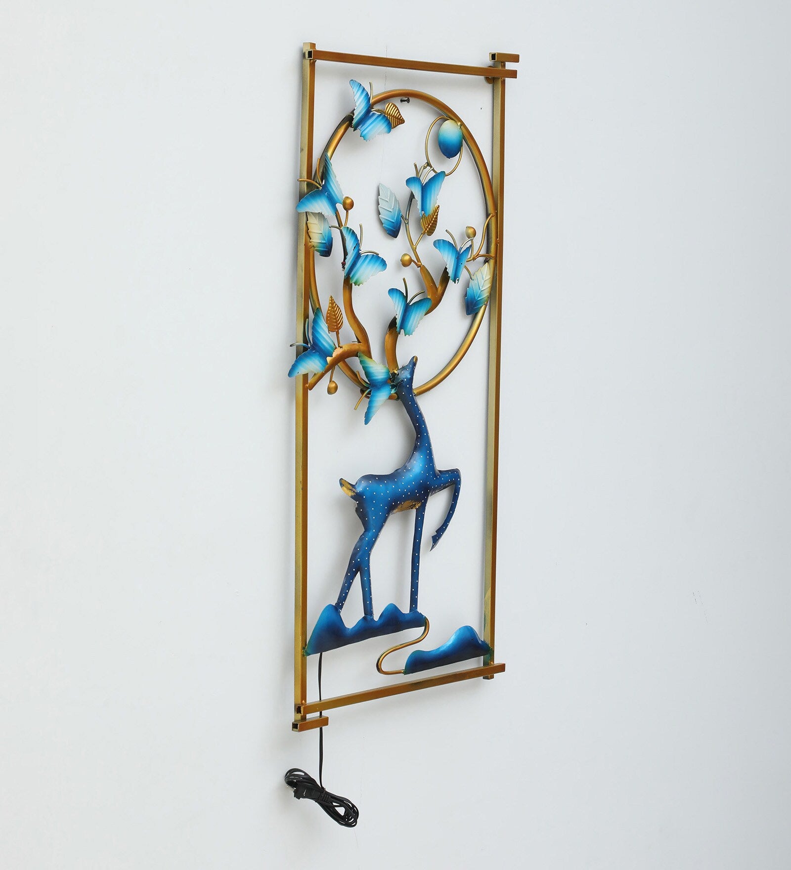 Golden Frame Blue Deer Metal Wall Art with LED Light