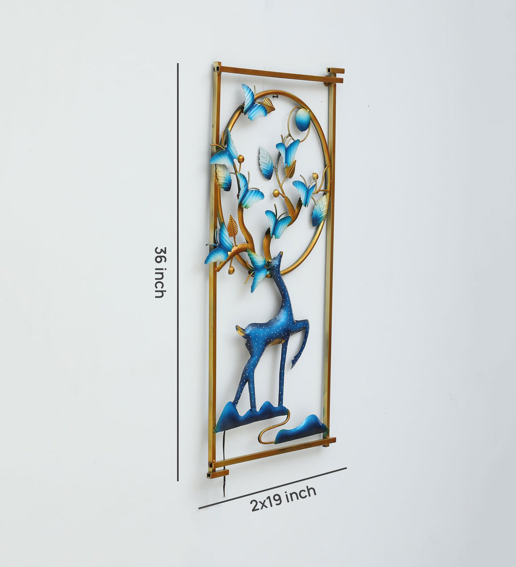 Golden Frame Blue Deer Metal Wall Art with LED Light