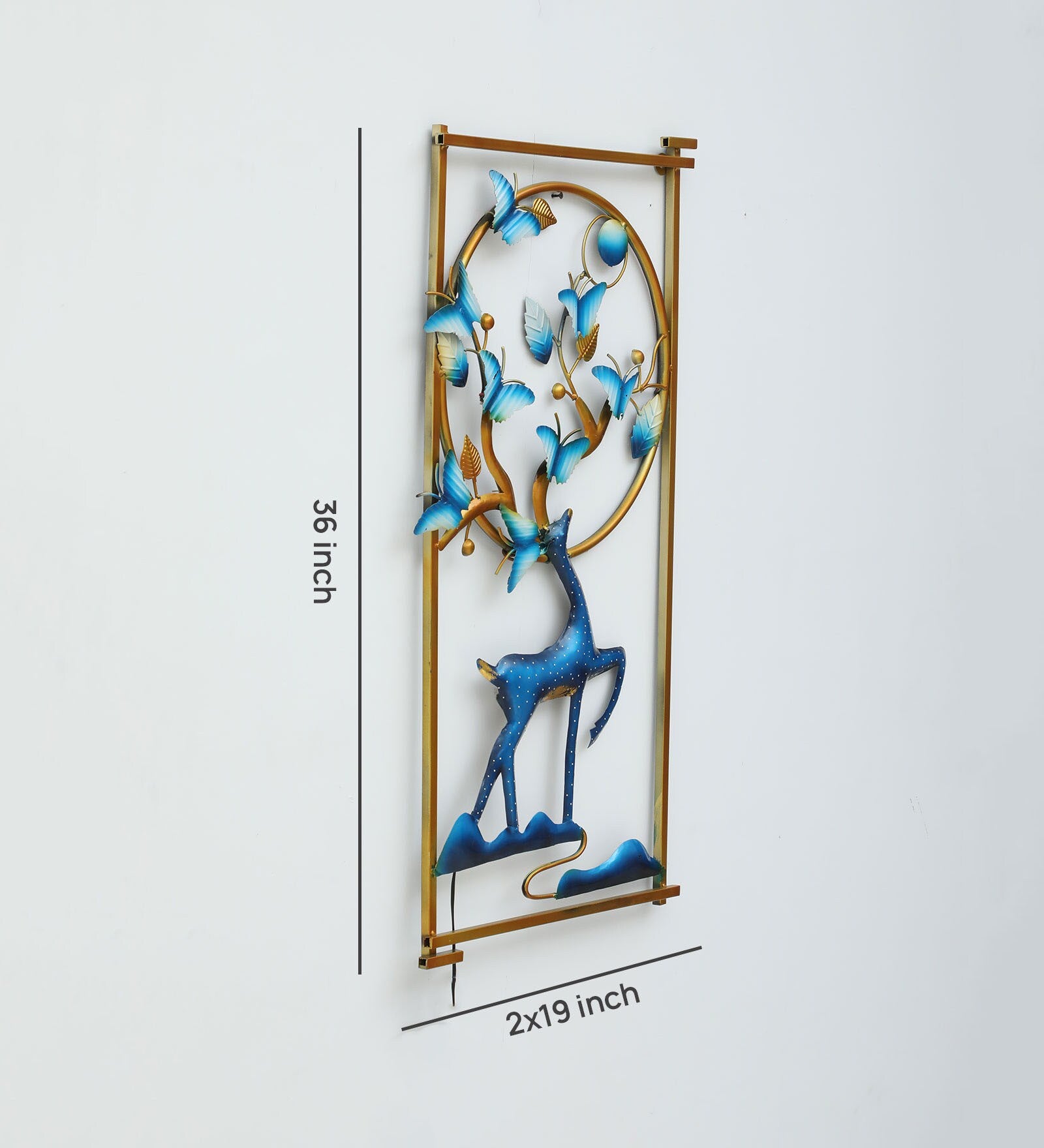 Golden Frame Blue Deer Metal Wall Art with LED Light