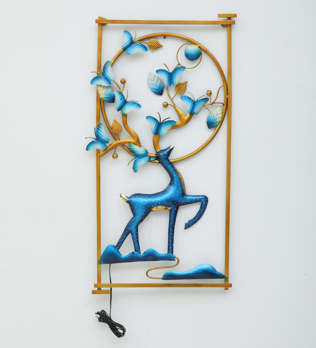 Golden Frame Blue Deer Metal Wall Art with LED Light