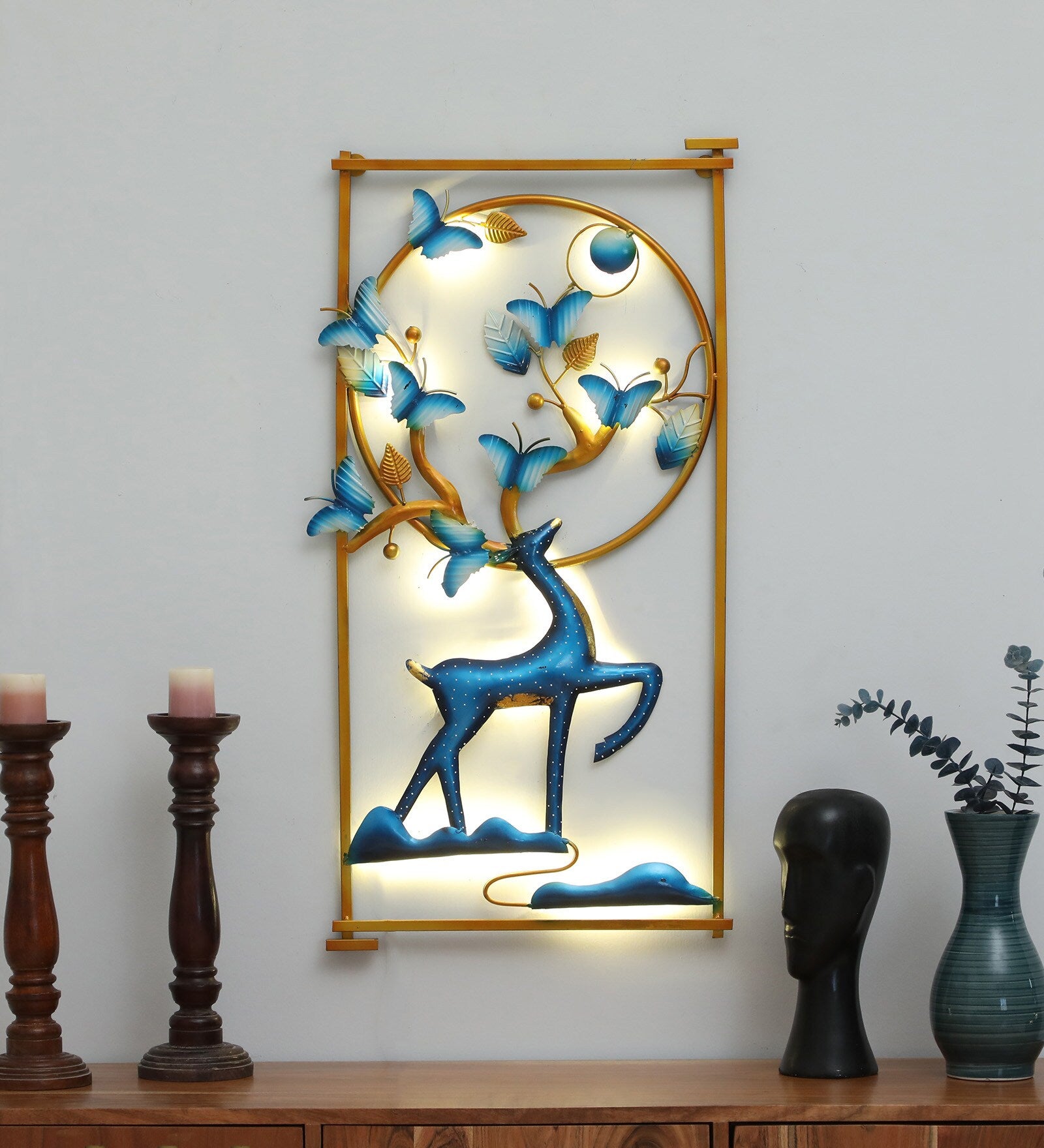Golden Frame Blue Deer Metal Wall Art with LED Light