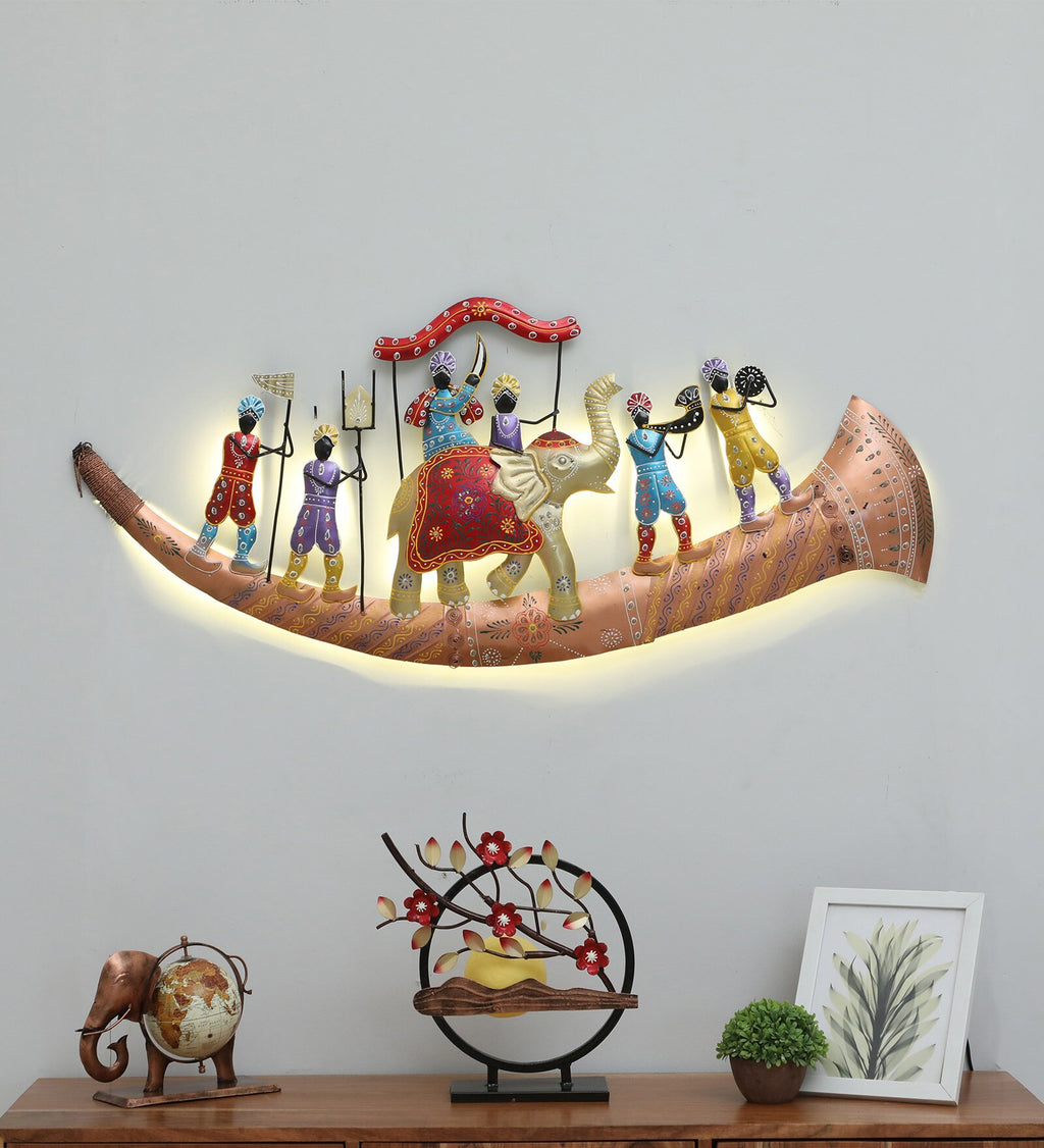 Royal Elephant Procession Metal Wall Art with LED