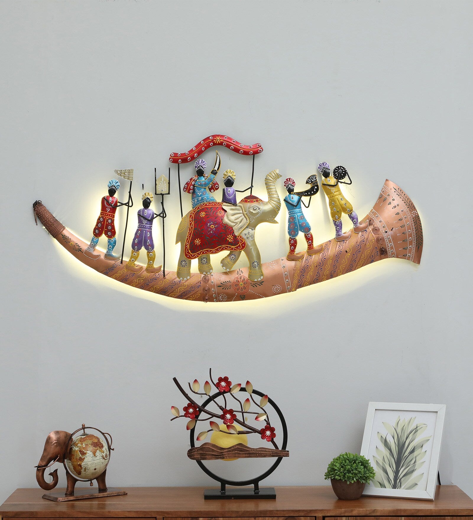 Royal Elephant Procession Metal Wall Art with LED