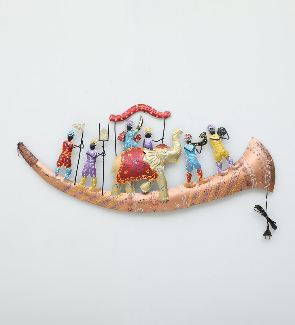 Royal Elephant Procession Metal Wall Art with LED