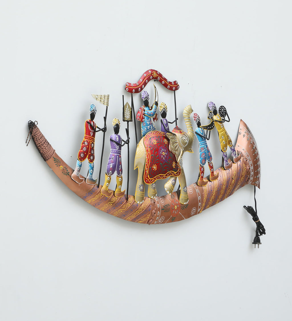 Royal Elephant Procession Metal Wall Art with LED