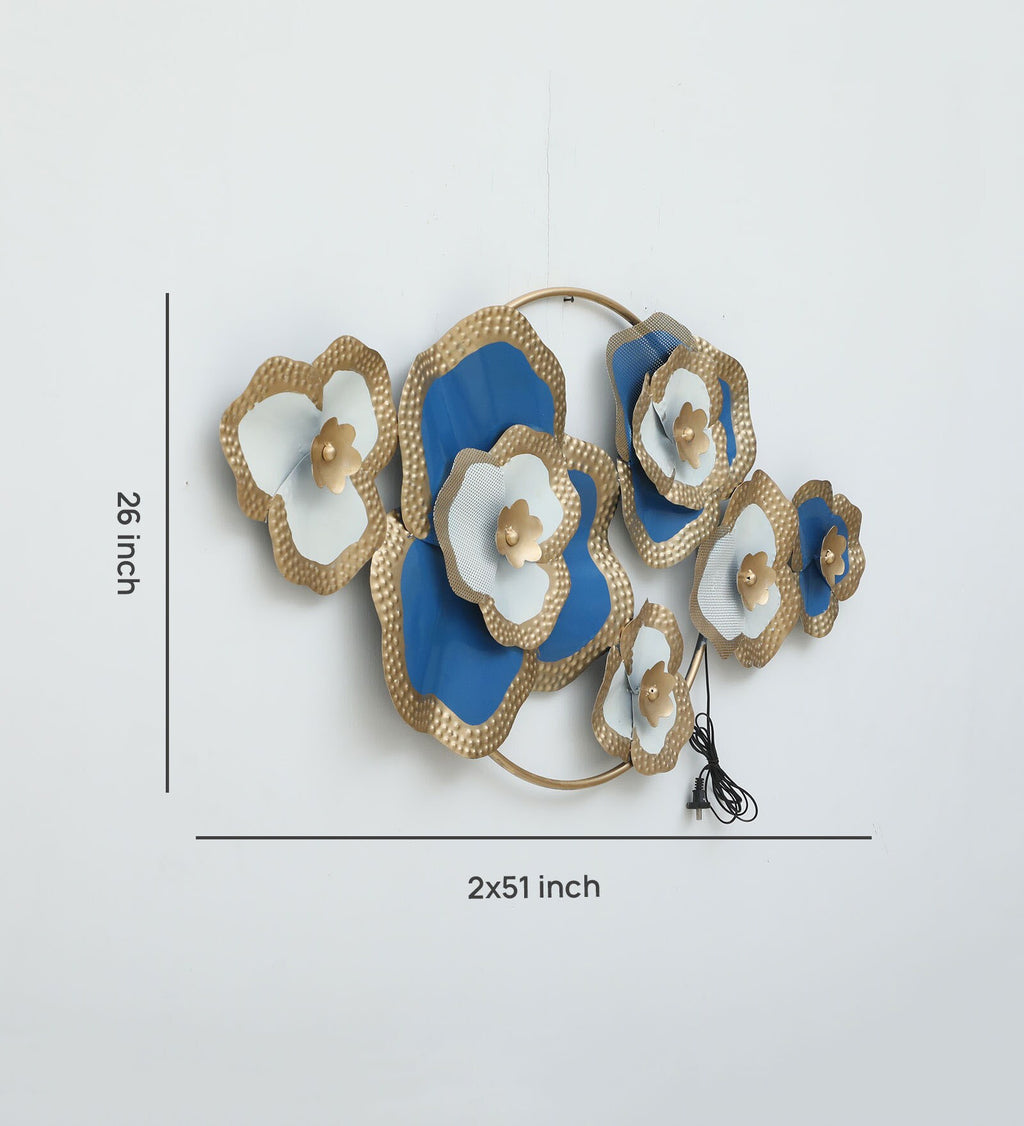 Elegant Blue & Gold Floral Metal Wall Art with LED Lights (51 x 26 Inch)